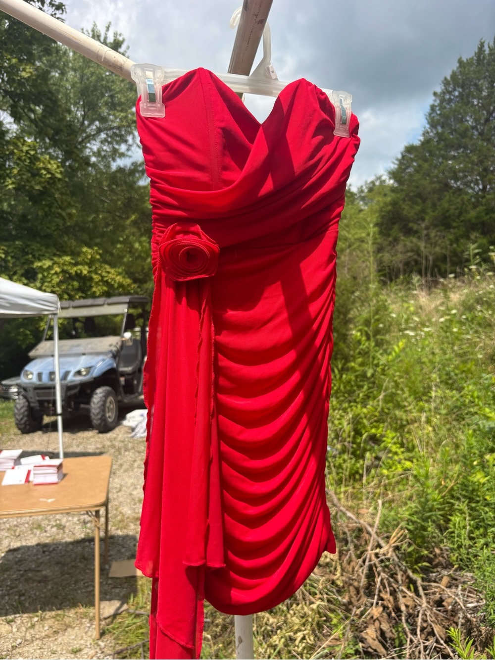 Xtraordinary Strapless Red Ruched Cocktail Dress with Rosette